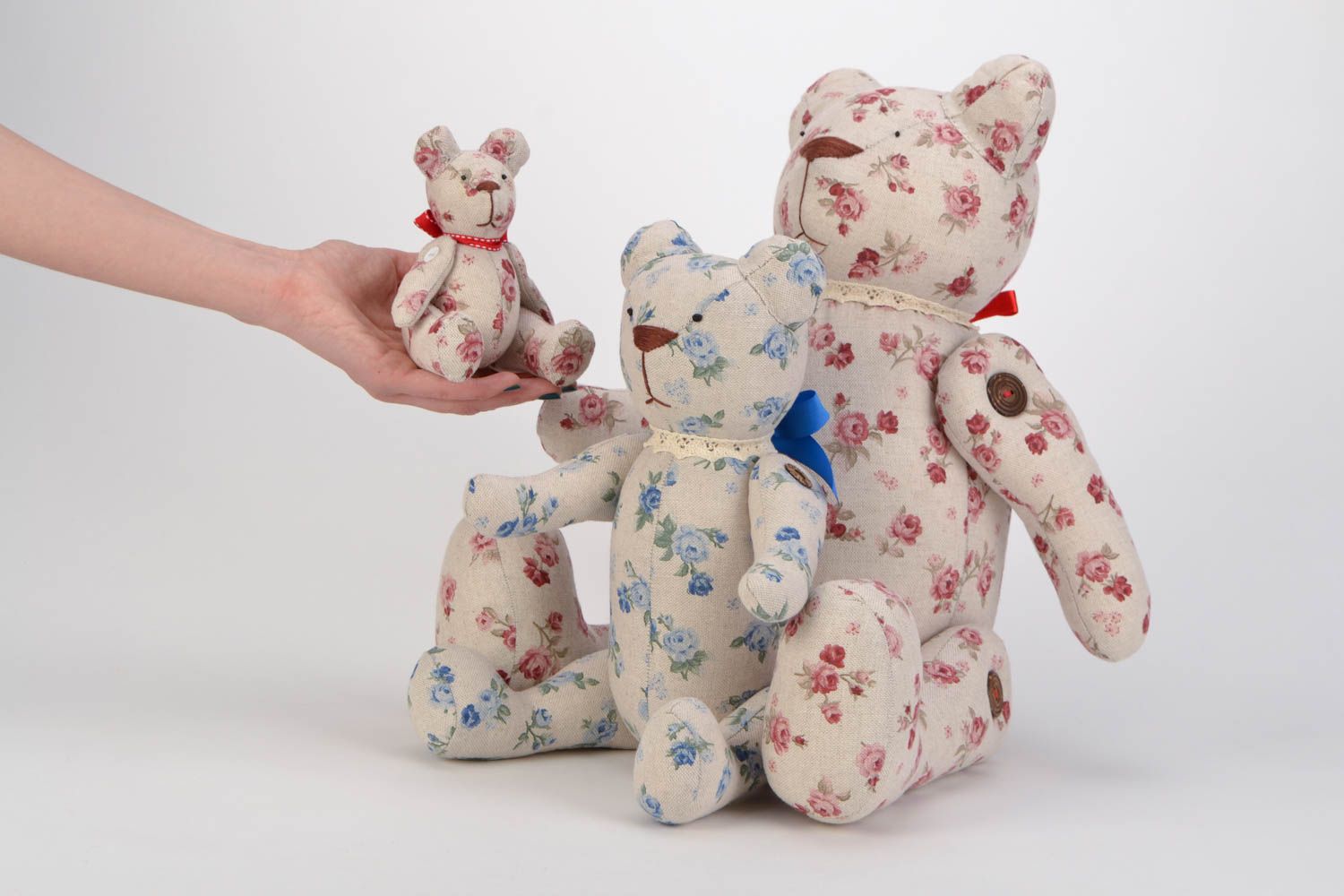 Set of beautiful handmade fabric soft toys 3 pieces Bears photo 2