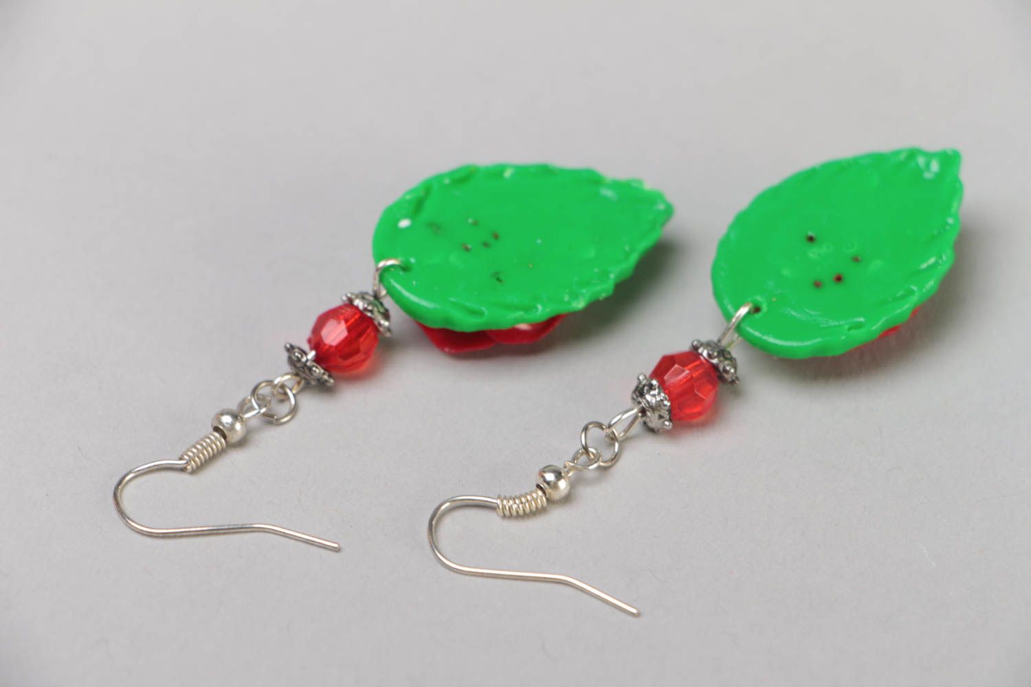 Handmade designer festive polymer clay dangling earrings with red flowers  photo 4