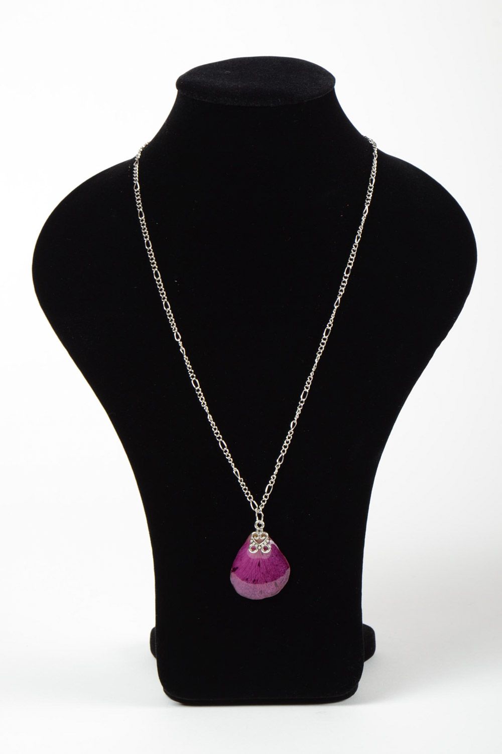 Handmade designer pendant with lilac flower petal in epoxy resin on chain photo 2