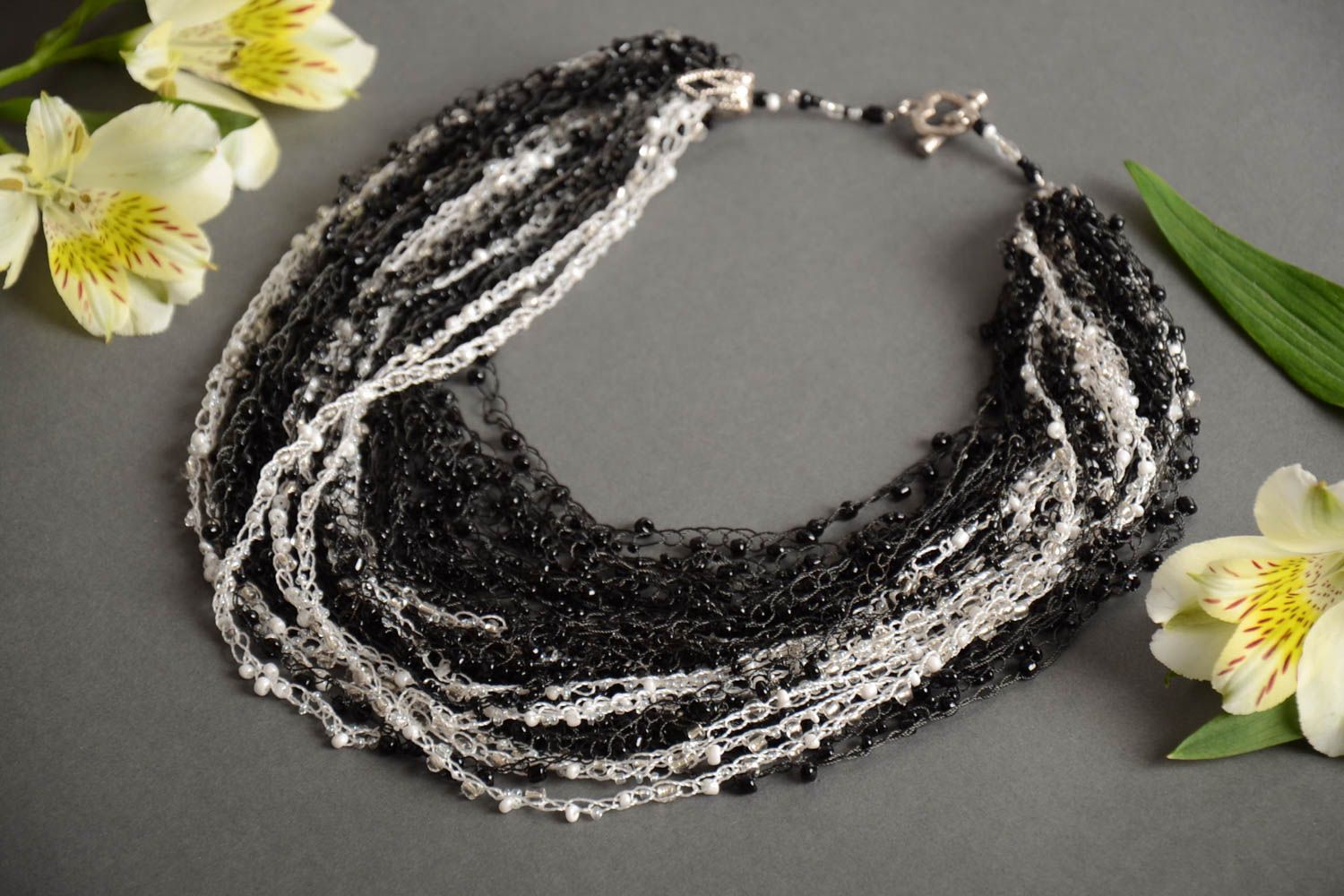 Handmade volume necklace crocheted of Czech beads in black and white colors photo 1