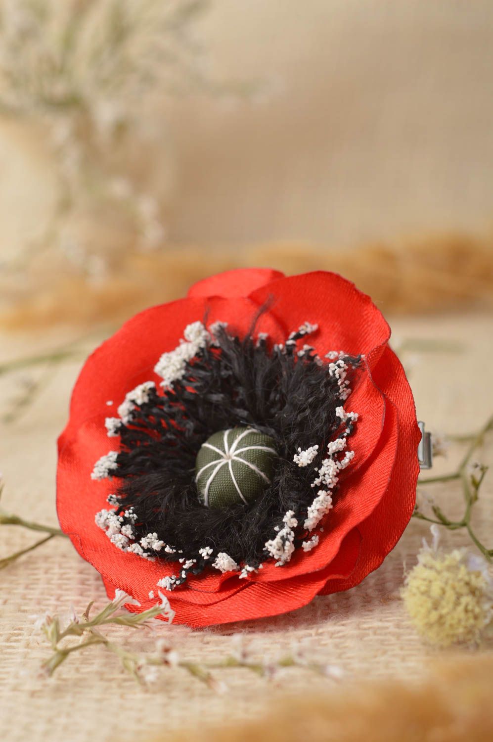 Haarspange Blume handmade Damen Modeschmuck Accessoire für Haare rot schwarz foto 1