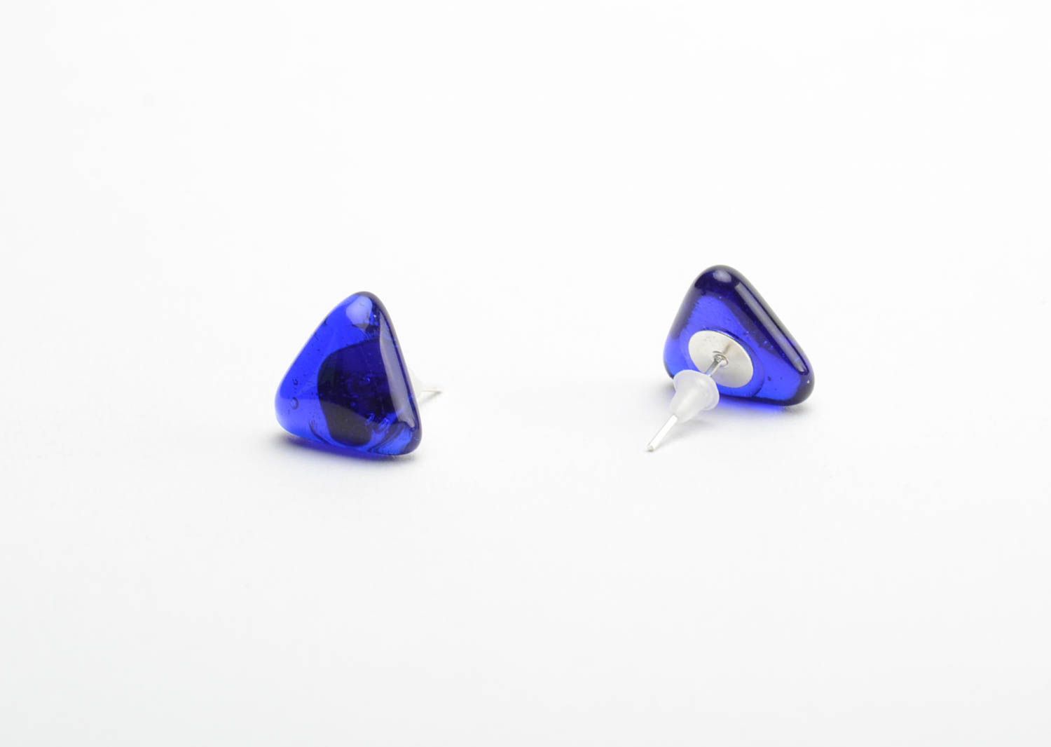 Blue small fusing glass triangular stud earrings handmade every day accessory photo 3