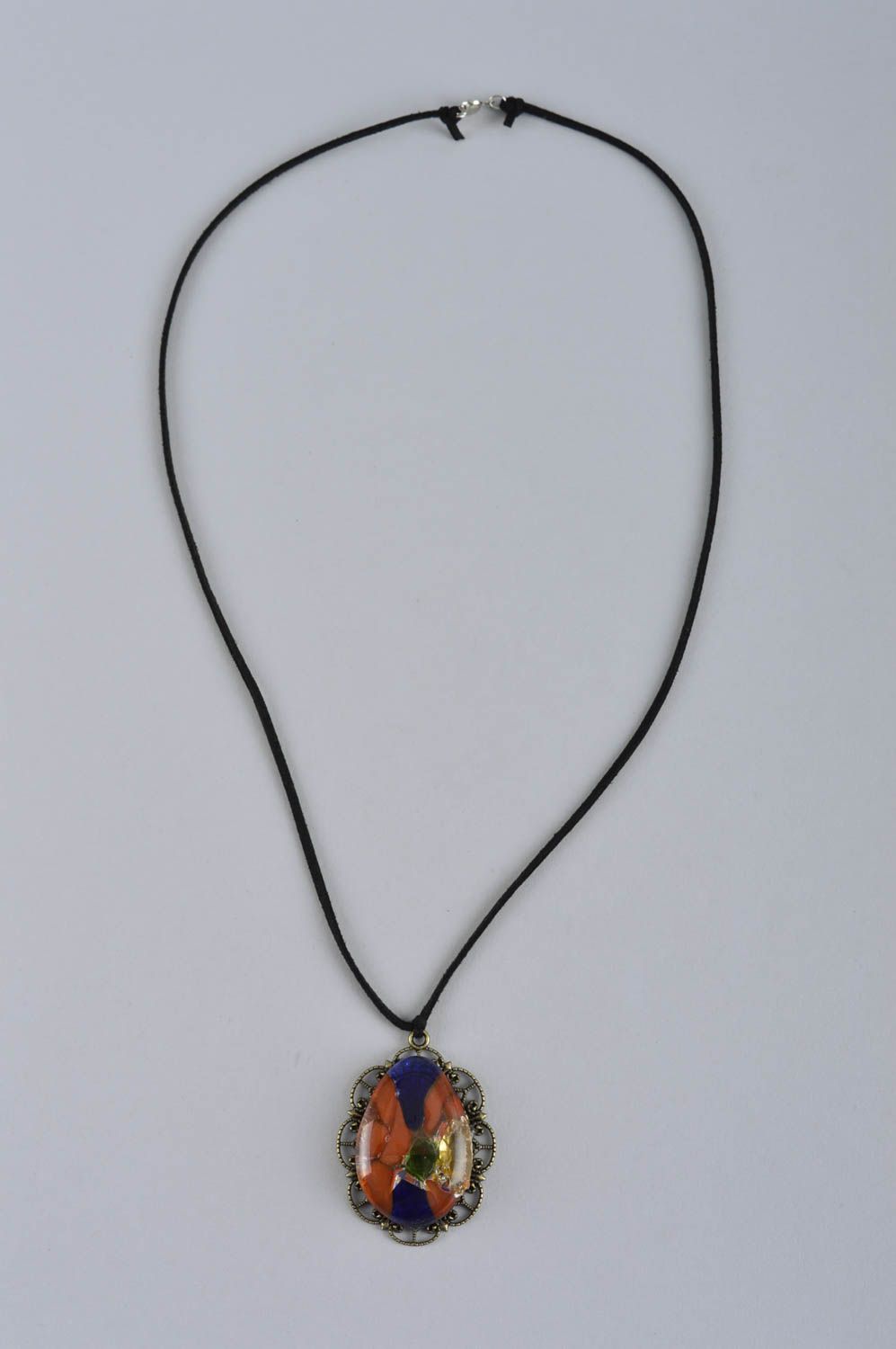 Handmade designer glass pendant unusual colorful jewelry cute accessory on lace photo 2