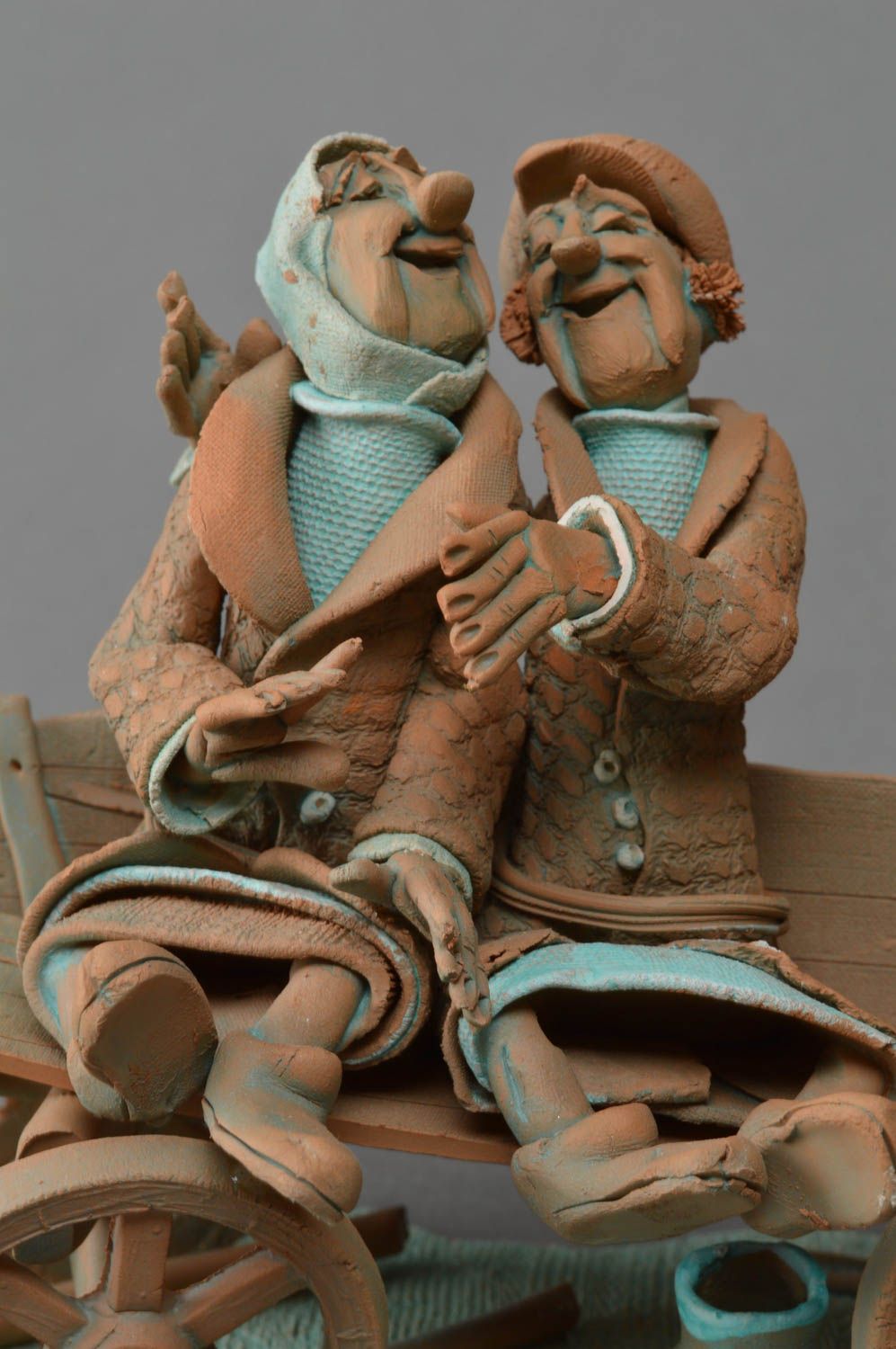 Handmade decorative unusual clay figurine Cheerful Couple in Cart photo 2