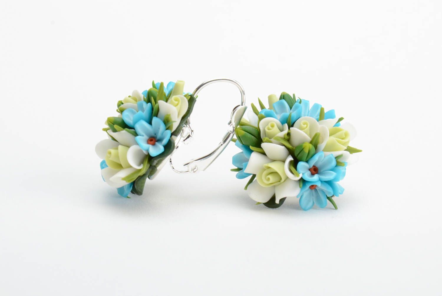 Handmade tender earrings with tiny blue and green polymer clay flowers photo 4