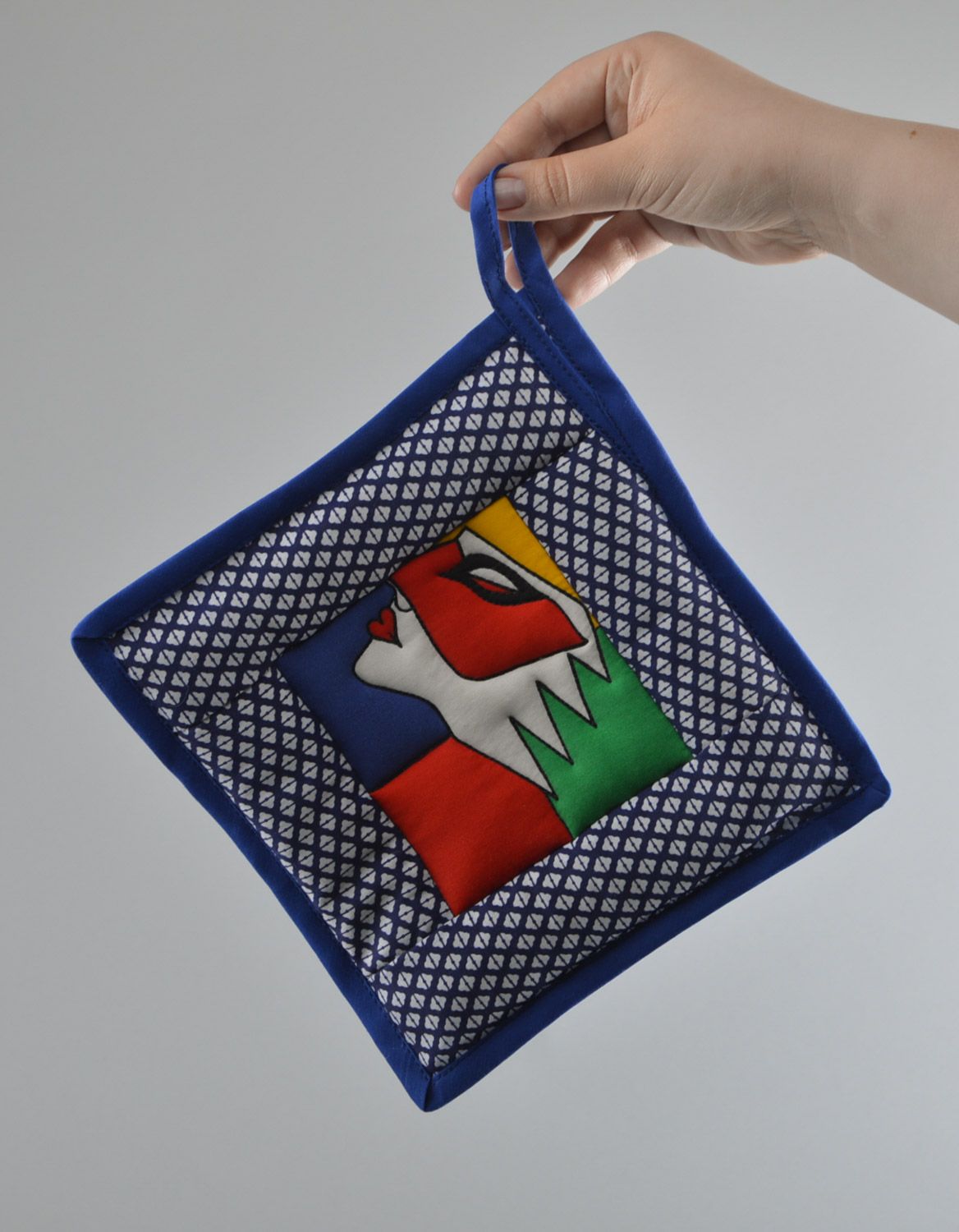 Blauer quadratischer handgemachter Topflappen aus Baumwolle mit Muster  foto 2