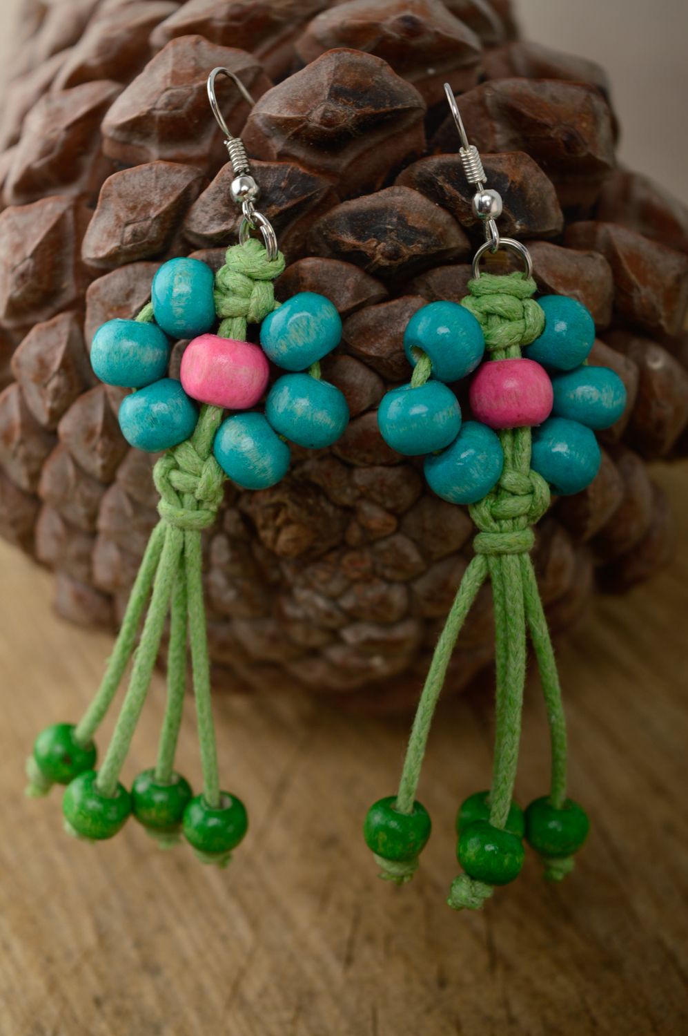 Macrame woven earrings with beads photo 2