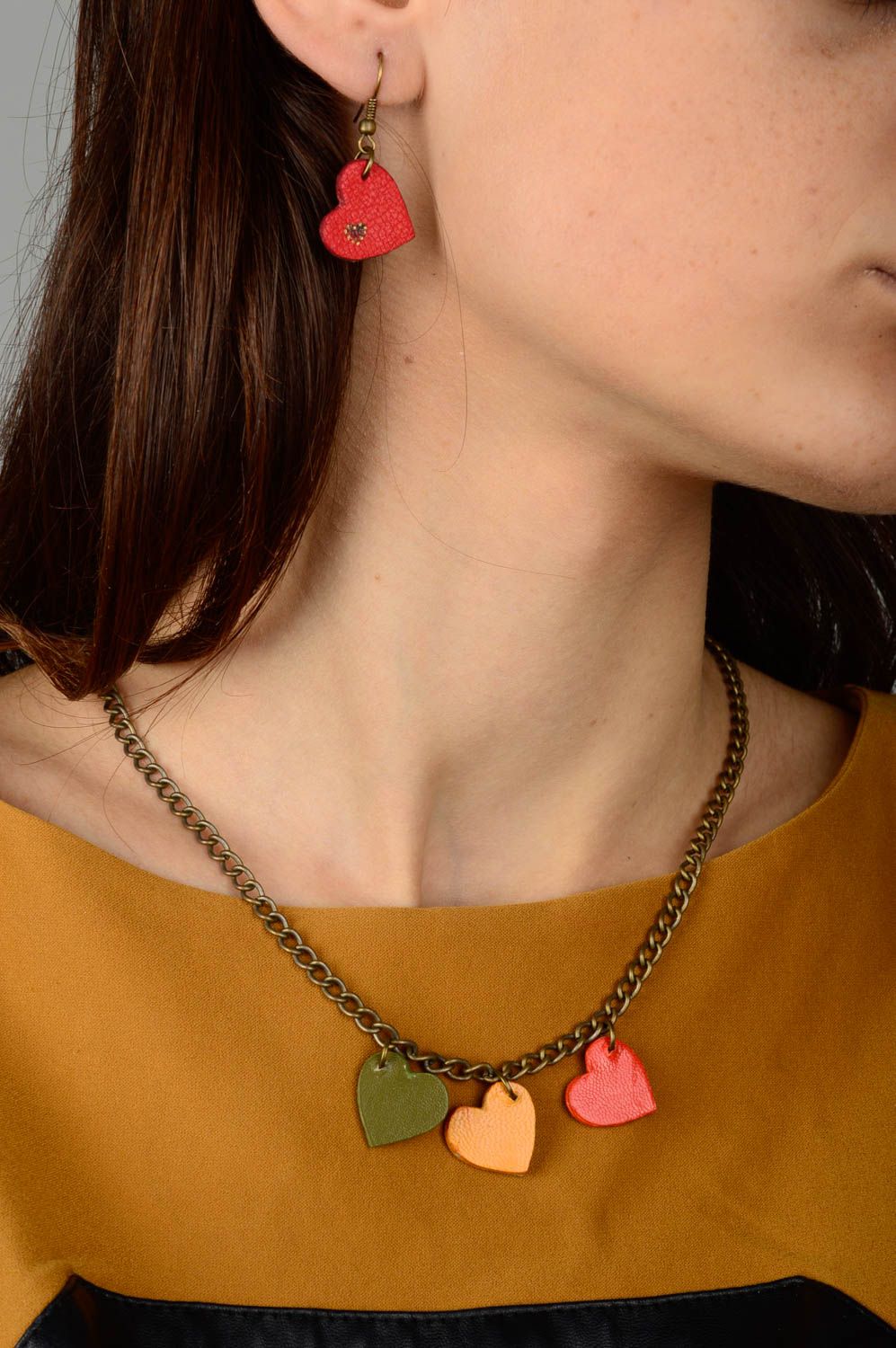 Beautiful handmade leather necklace leather earrings artisan jewelry set photo 2