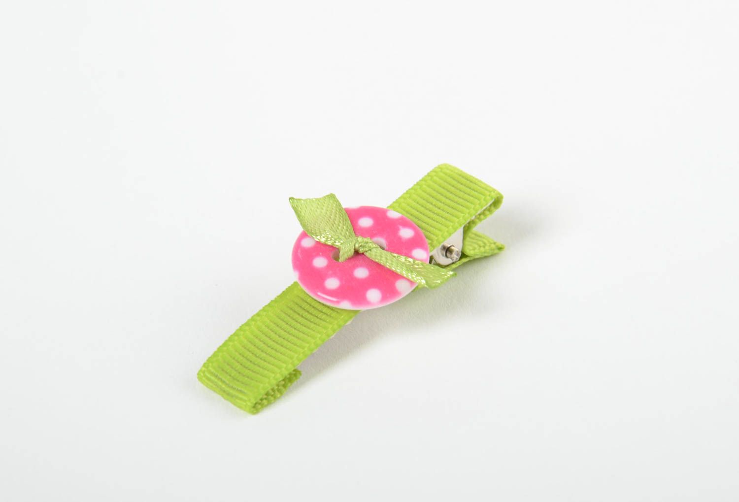 Green hairpin for girls handmade elegant barrette made of ribbons with button photo 2