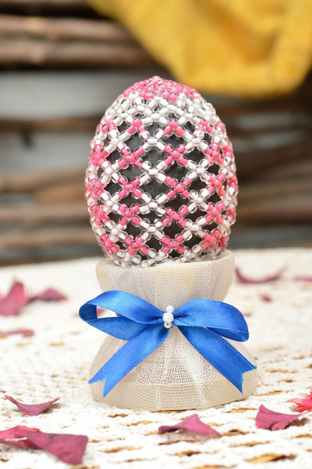Unusual beautiful Easter egg woven over with Chinese beads for home decor photo 1