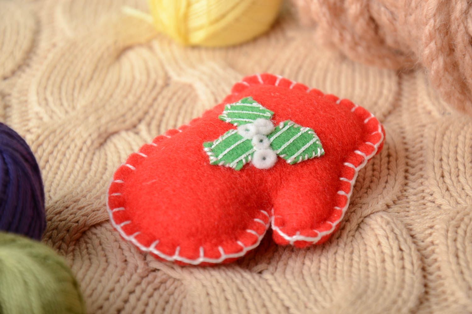 Handmade decorative small soft toy sewn of red felt Mitten for little children photo 1
