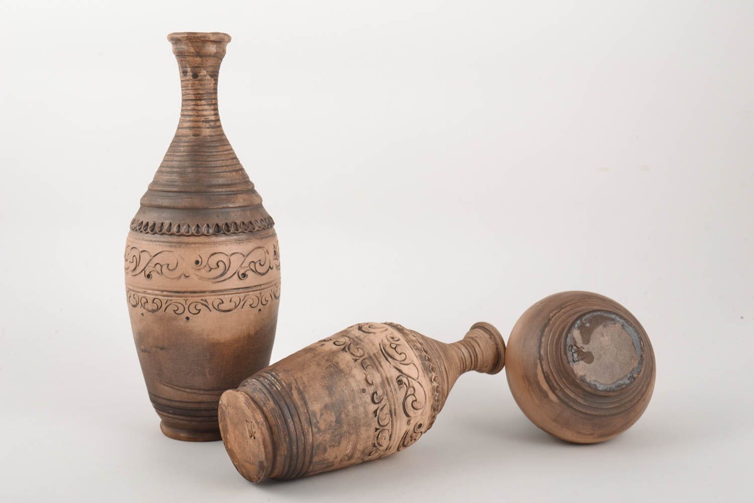 Set of 3 handmade ceramic ethnic bottles of different shapes 250 ml 500 ml 1 l photo 4