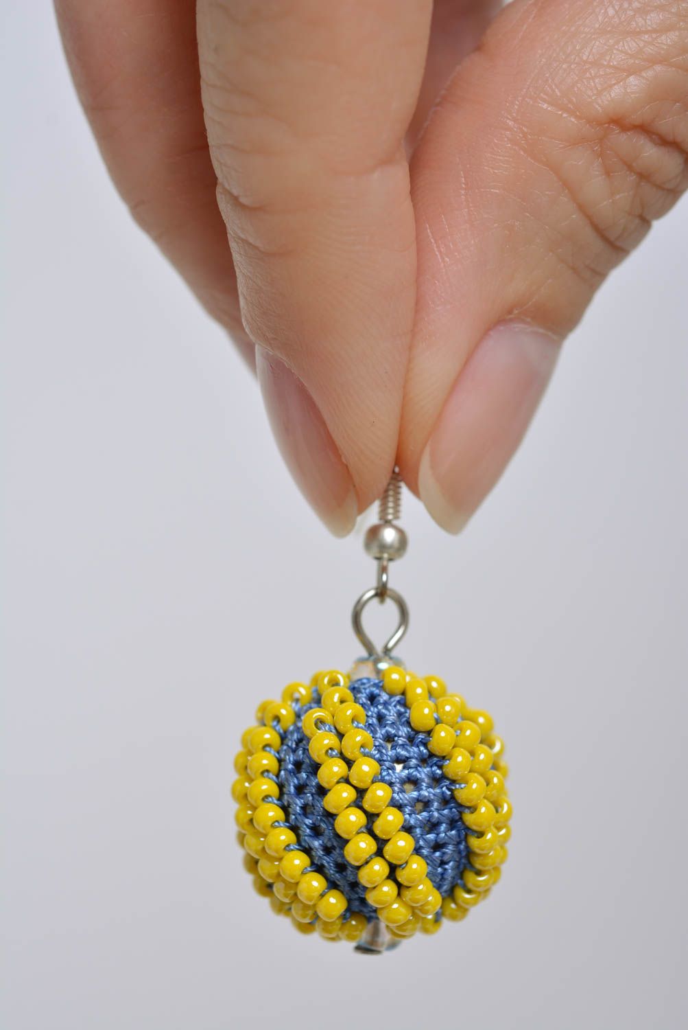 Handmade designer ball shaped dangling earrings woven of beads blue and yellow photo 4