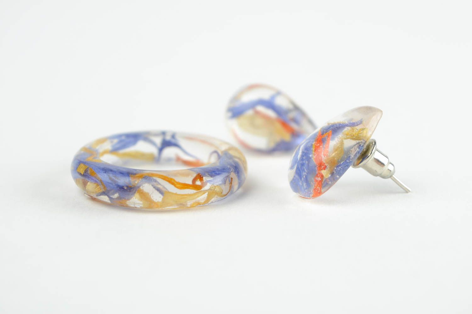 Fashion jewelry set handmade earrings epoxy resin seal ring flower jewelry photo 1