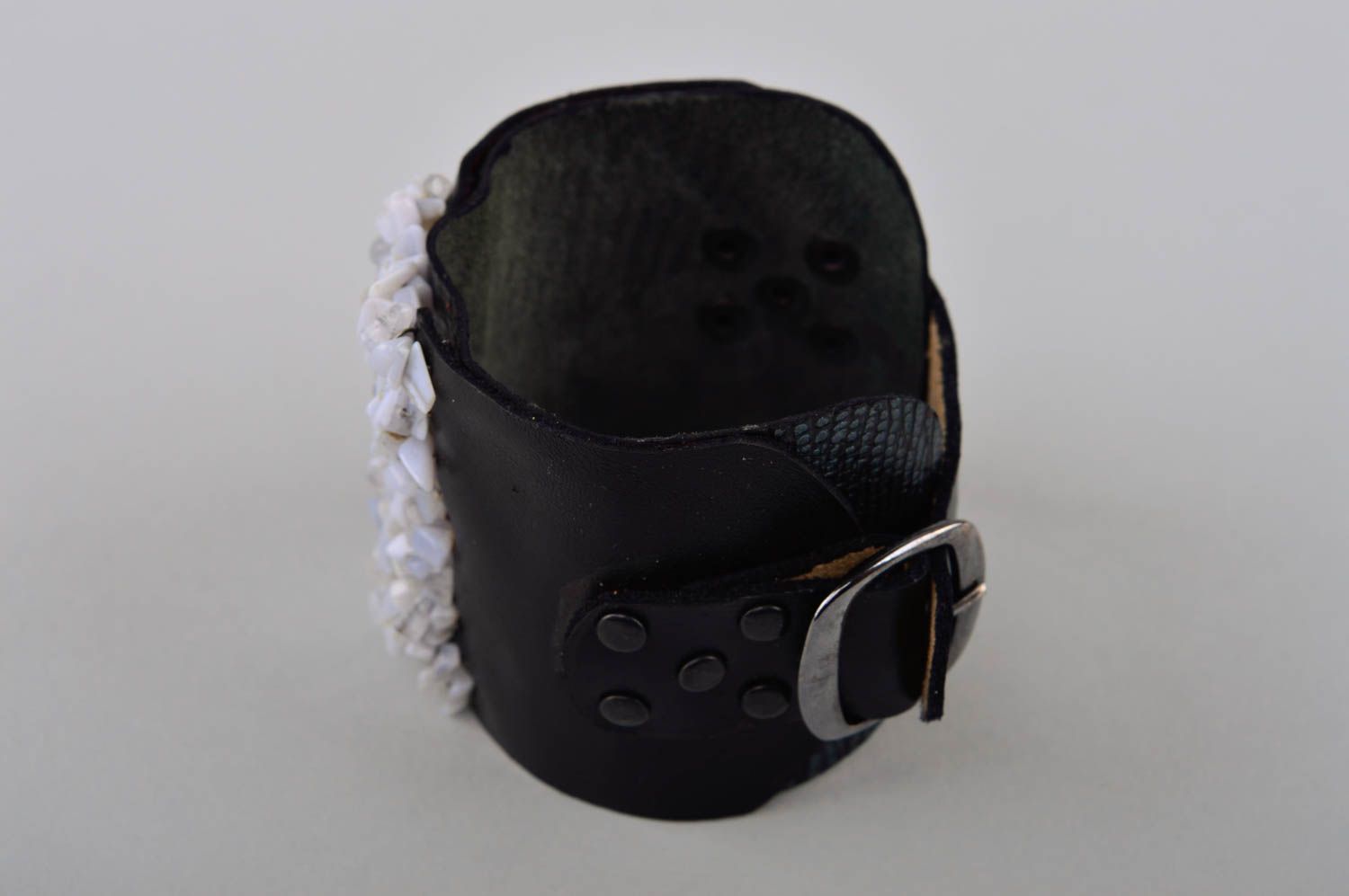 Handmade wide black bracelet leather wrist accessory unusual bracelet photo 3