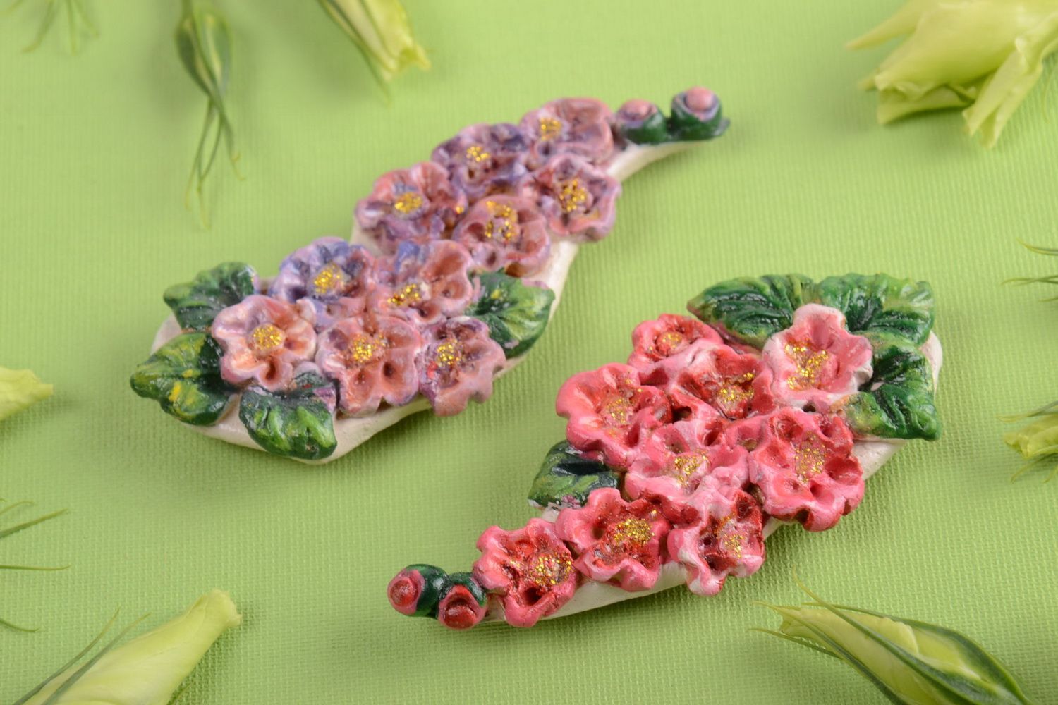 Set aimants frigo céramiques Fleurs faits main 2 pièces décoration cadeau photo 1