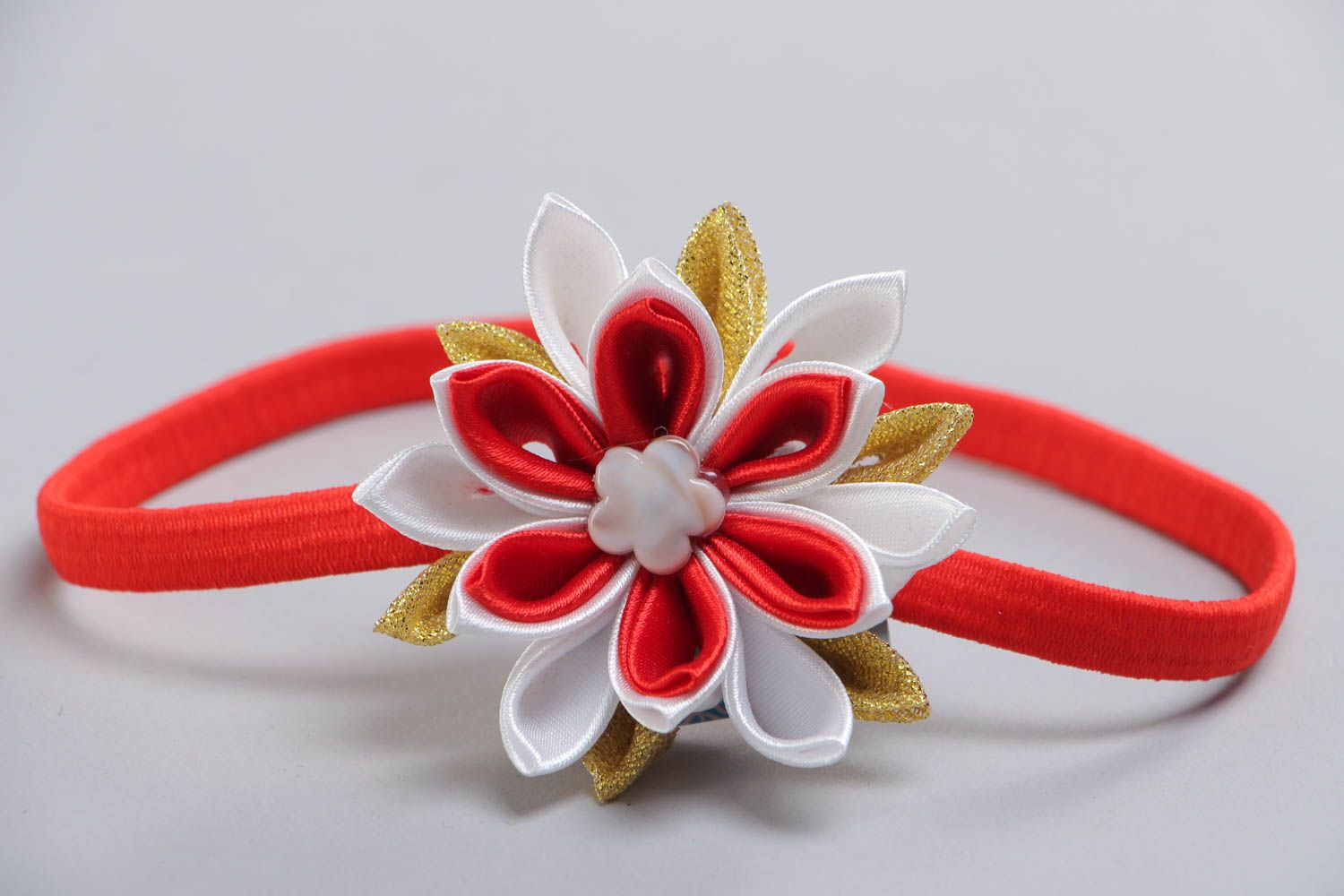 Handmade designer headband will thin basis and volume red ribbon kanzashi flower photo 2