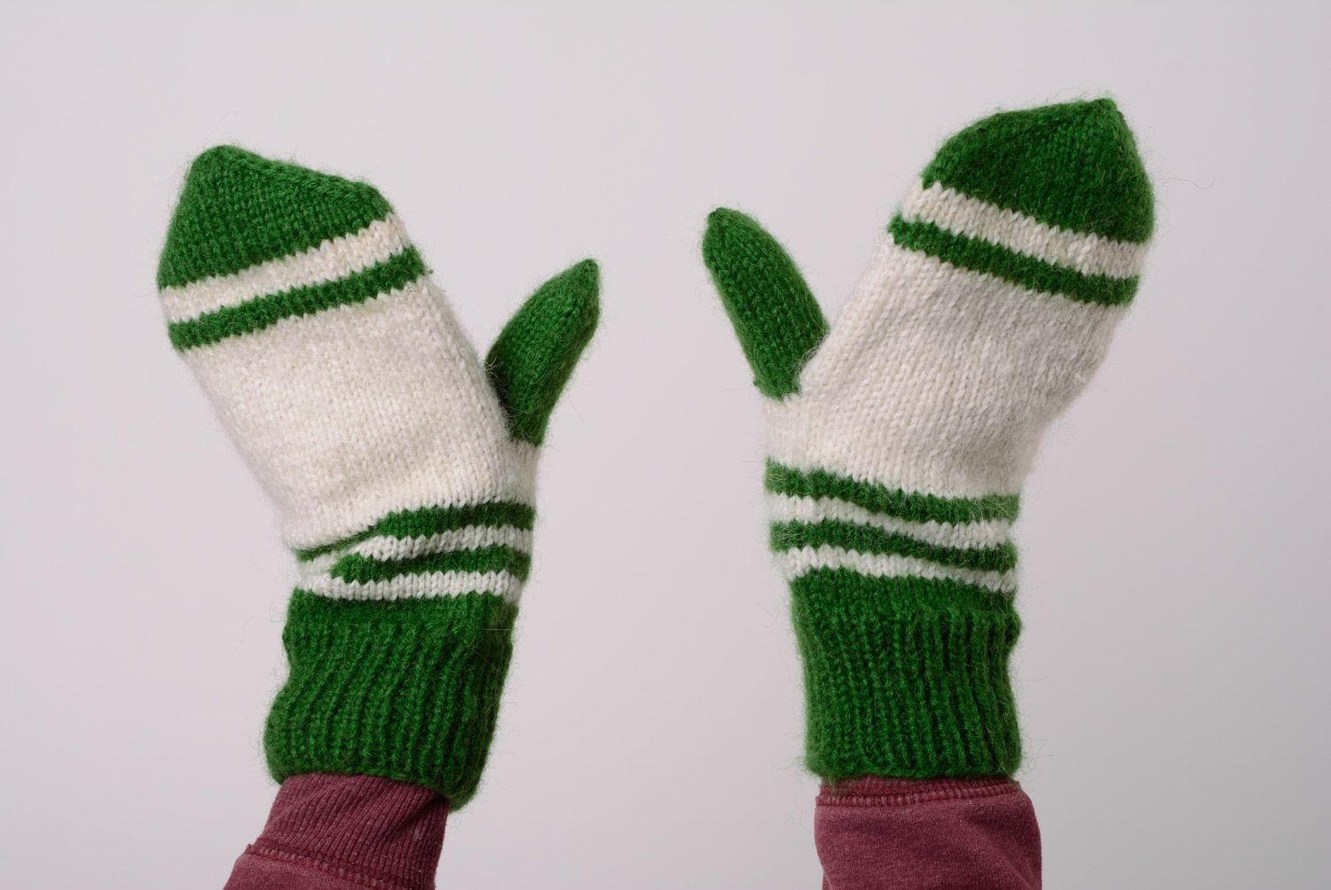 White and green warm hand knitted wool and acrylic mittens photo 2