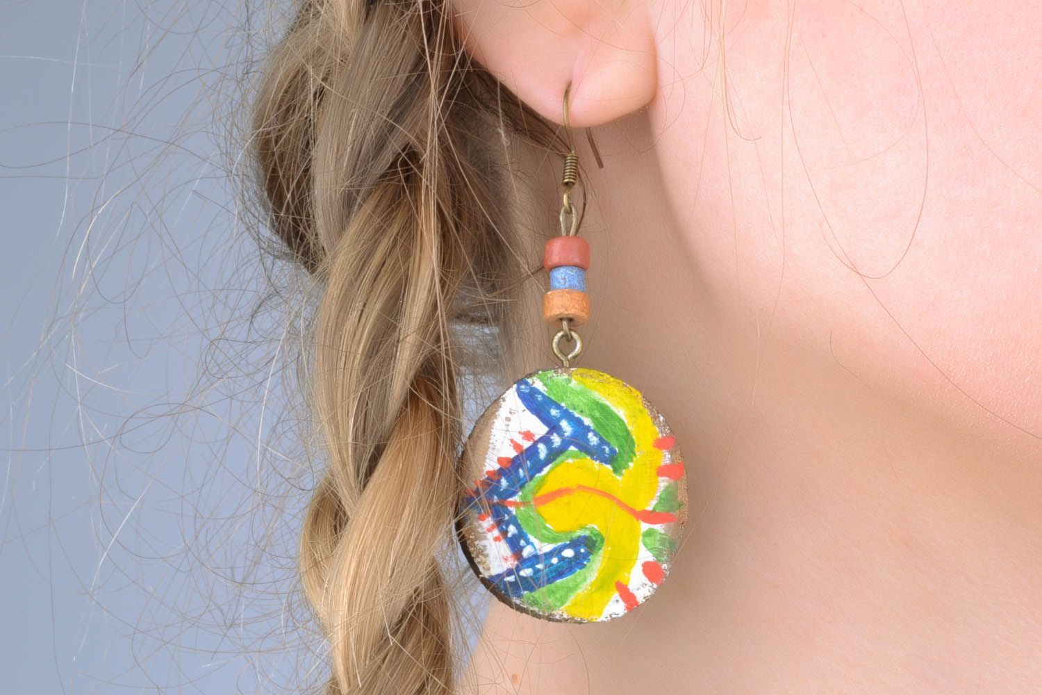 Painted wooden earrings photo 1