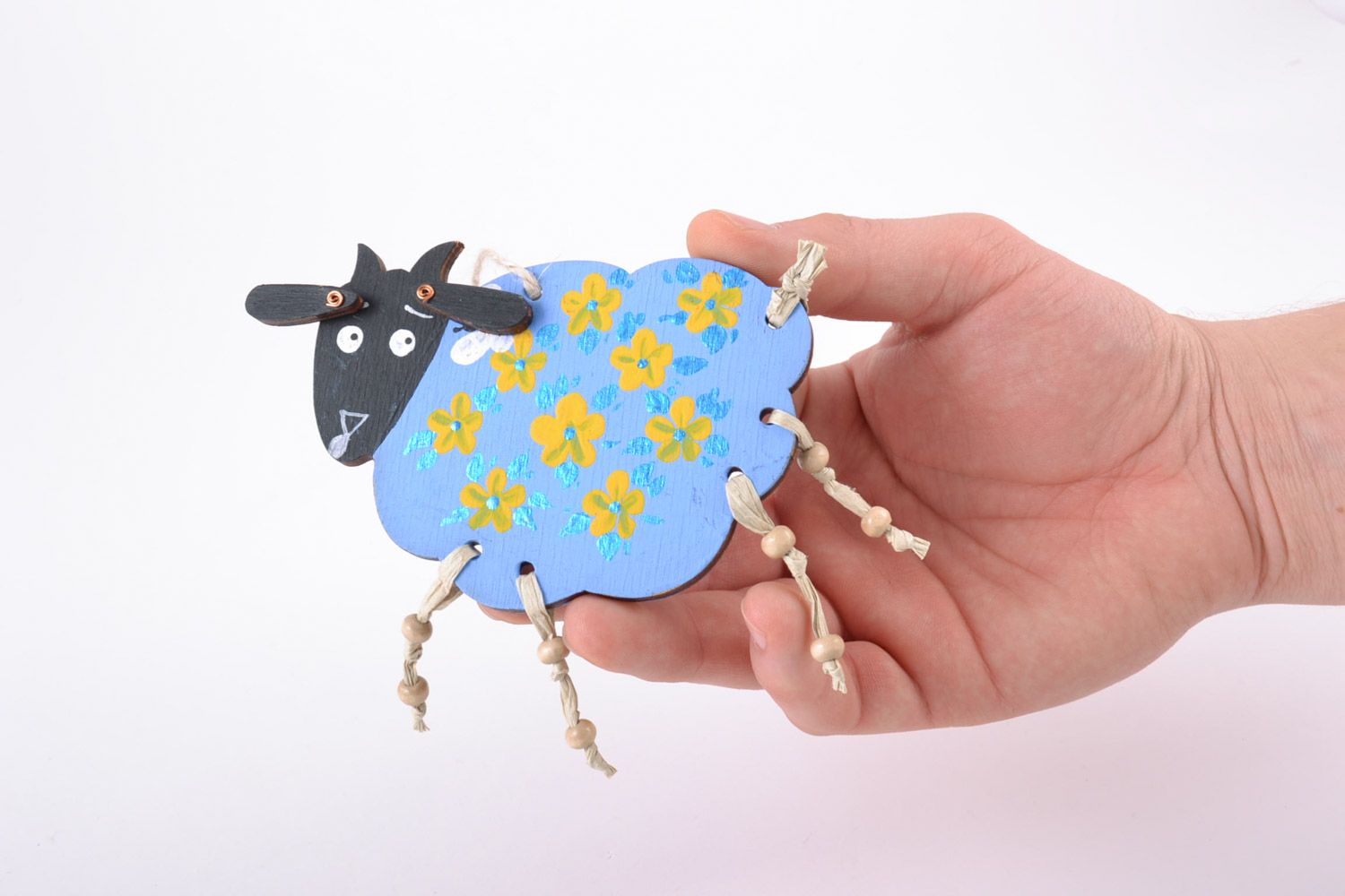 Homemade decorative painted wooden wall hanging blue lamb with yellow flowers photo 5