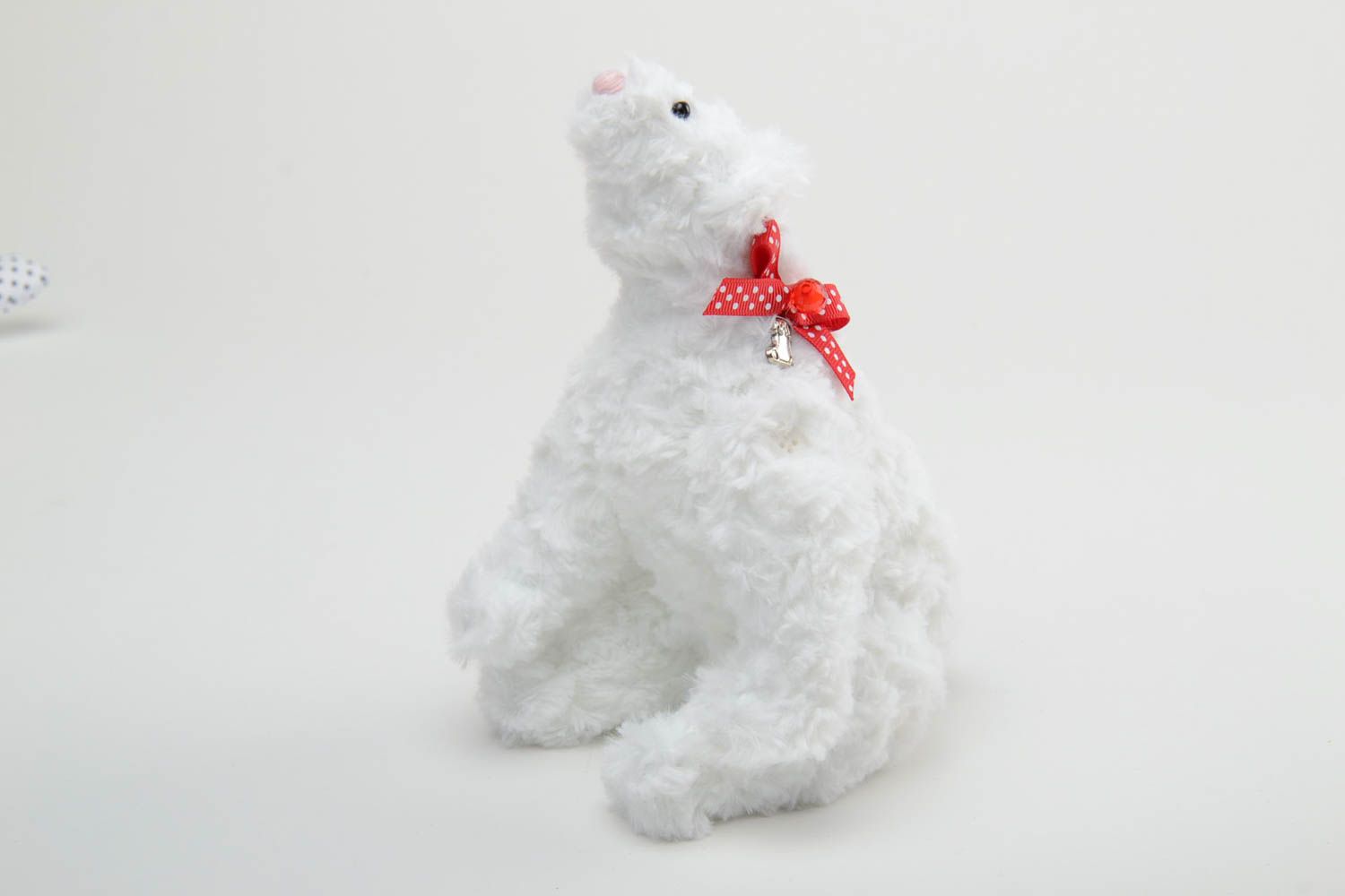 Handmade small white faux fur soft toy Polar bear with red bow for children photo 4