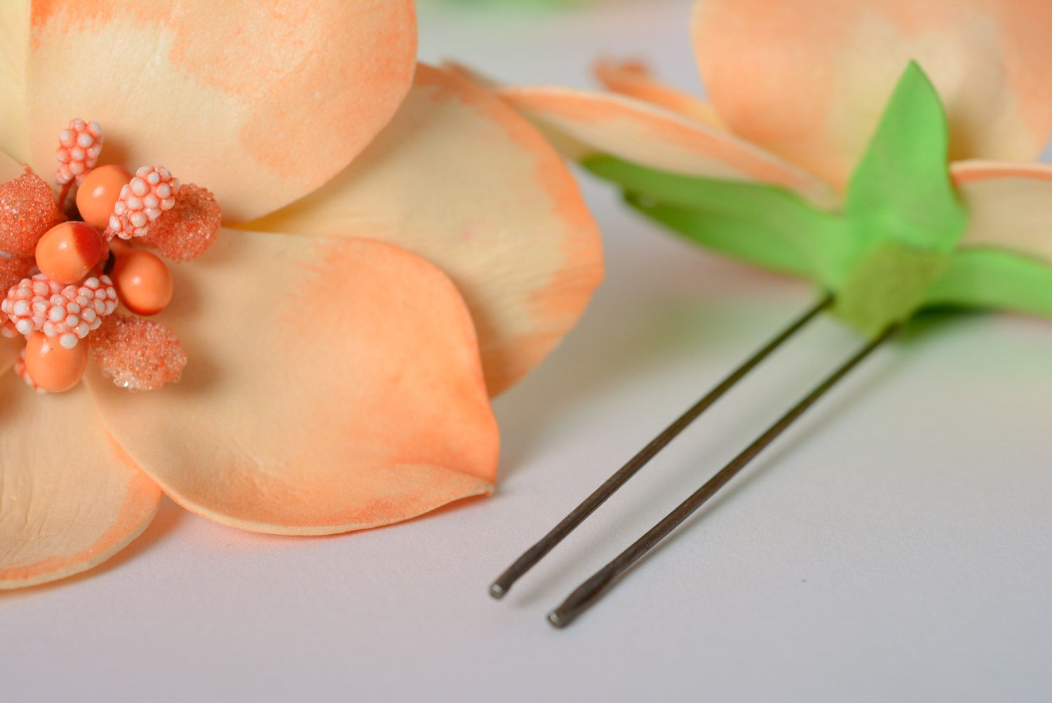 Set of handmade foamiran fabric flower hairpins 3 items Peach Orchids photo 5