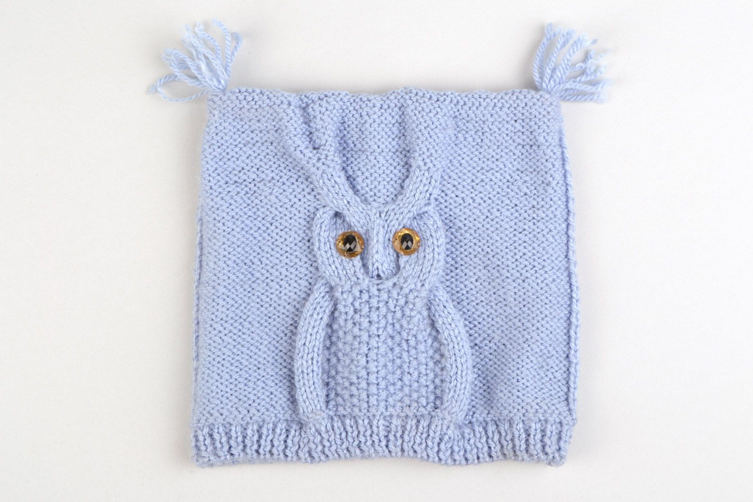 Rectangular handmade blue knitted hat for baby with owl pattern made of acrylic yarns photo 3