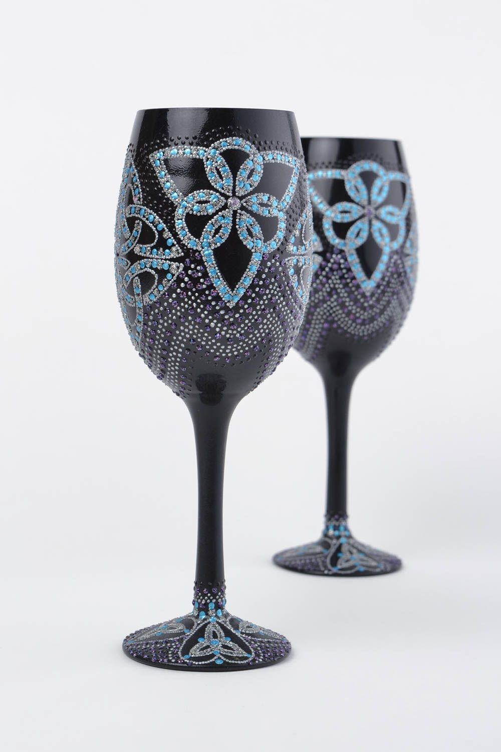Black handmade designer wine glasses set with acrylic painting 2 pieces photo 4