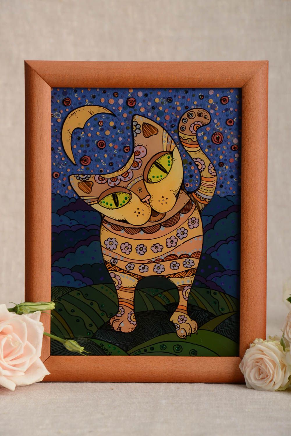 Beautiful handmade oil painting in wooden frame unusual wall decor Cat photo 1