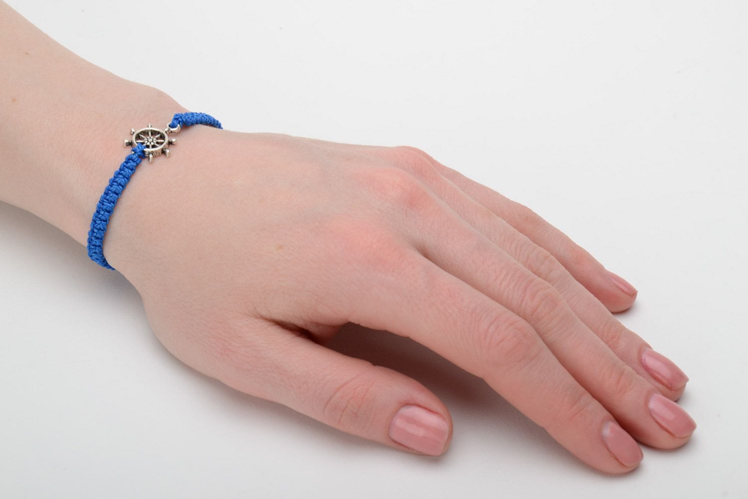 Handmade blue macrame woven thread bracelet with metal anchor charm photo 2