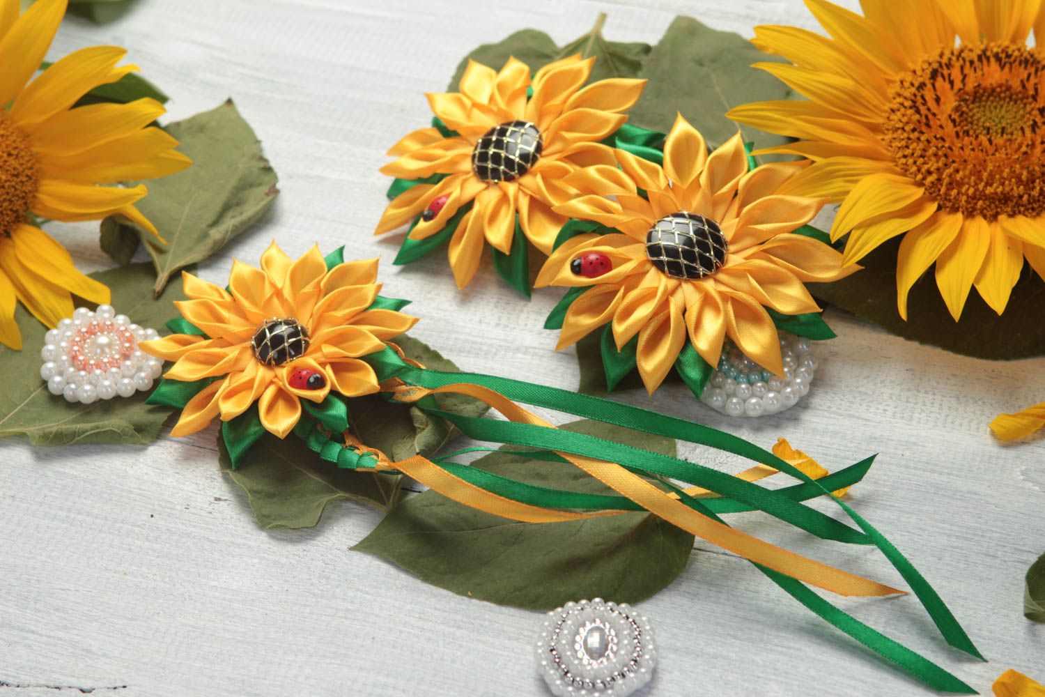 Handmade jewelry set 3 flower hair ties flower bracelet kanzashi flowers  photo 1
