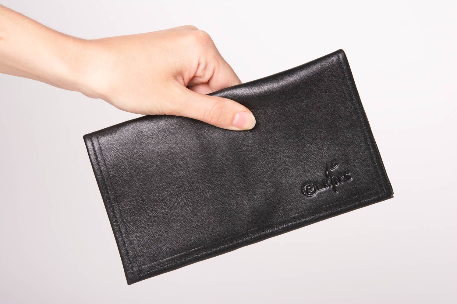 Big stylish handmade black wallet made of natural leather with snap-fastener photo 5