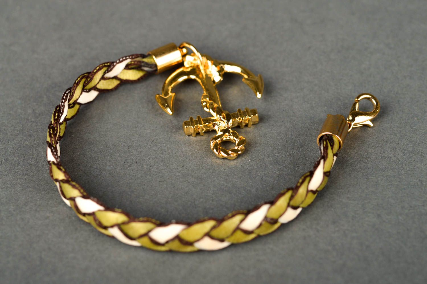 Handmade gold colored women bracelet with anchor thin bracelet made with ribbons photo 2