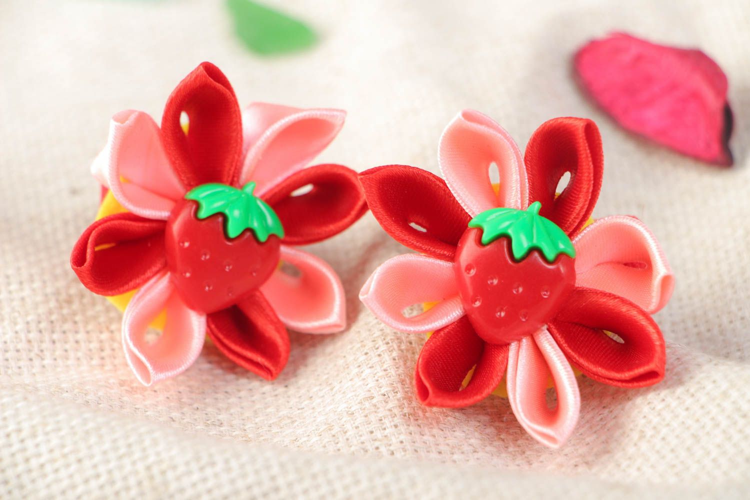 Handmade festive hair ties with red satin ribbon kanzashi flowers set of 2 items photo 1