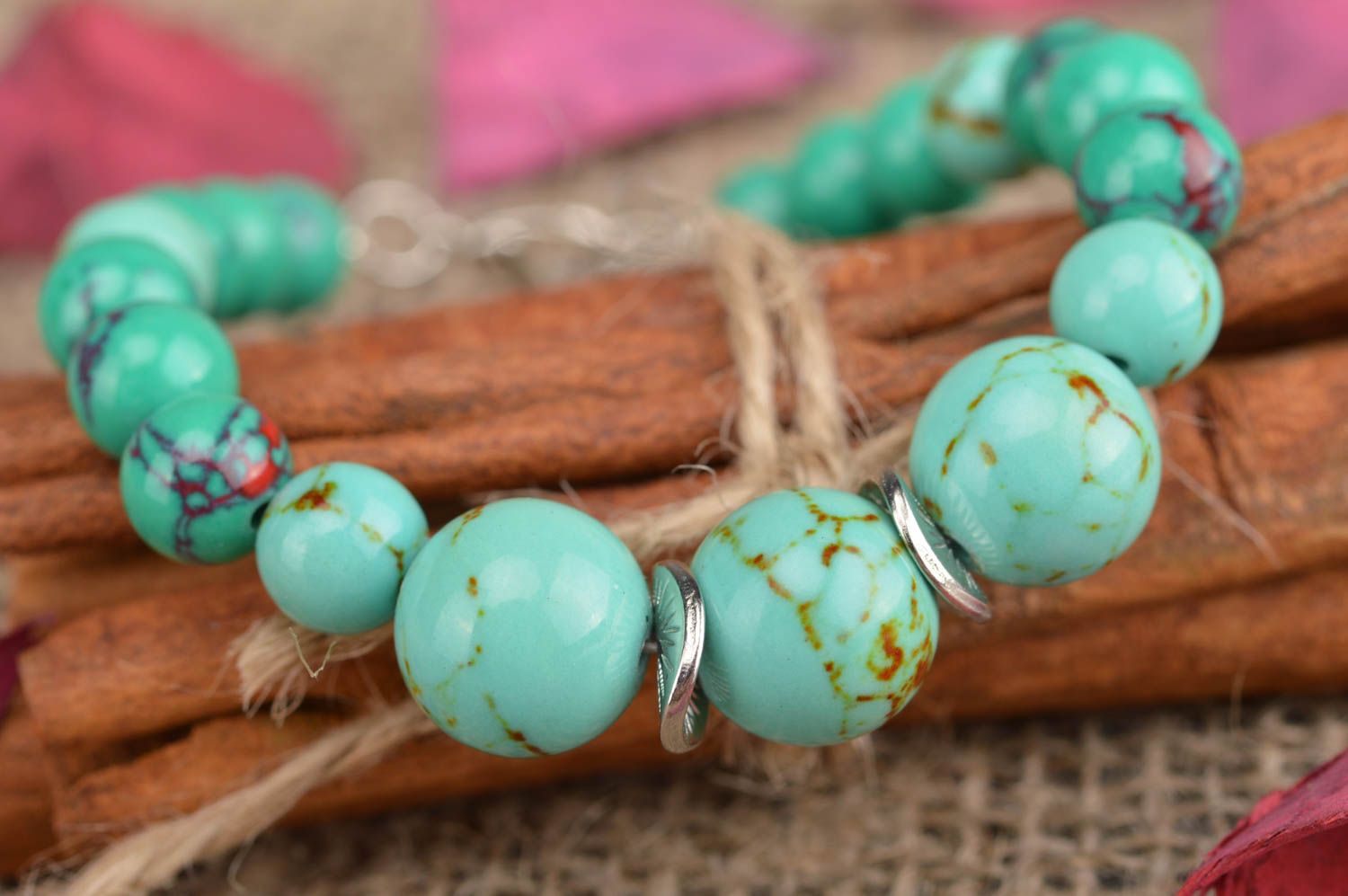 Handmade stylish bracelet on fishing line made of beads of turquoise color photo 1