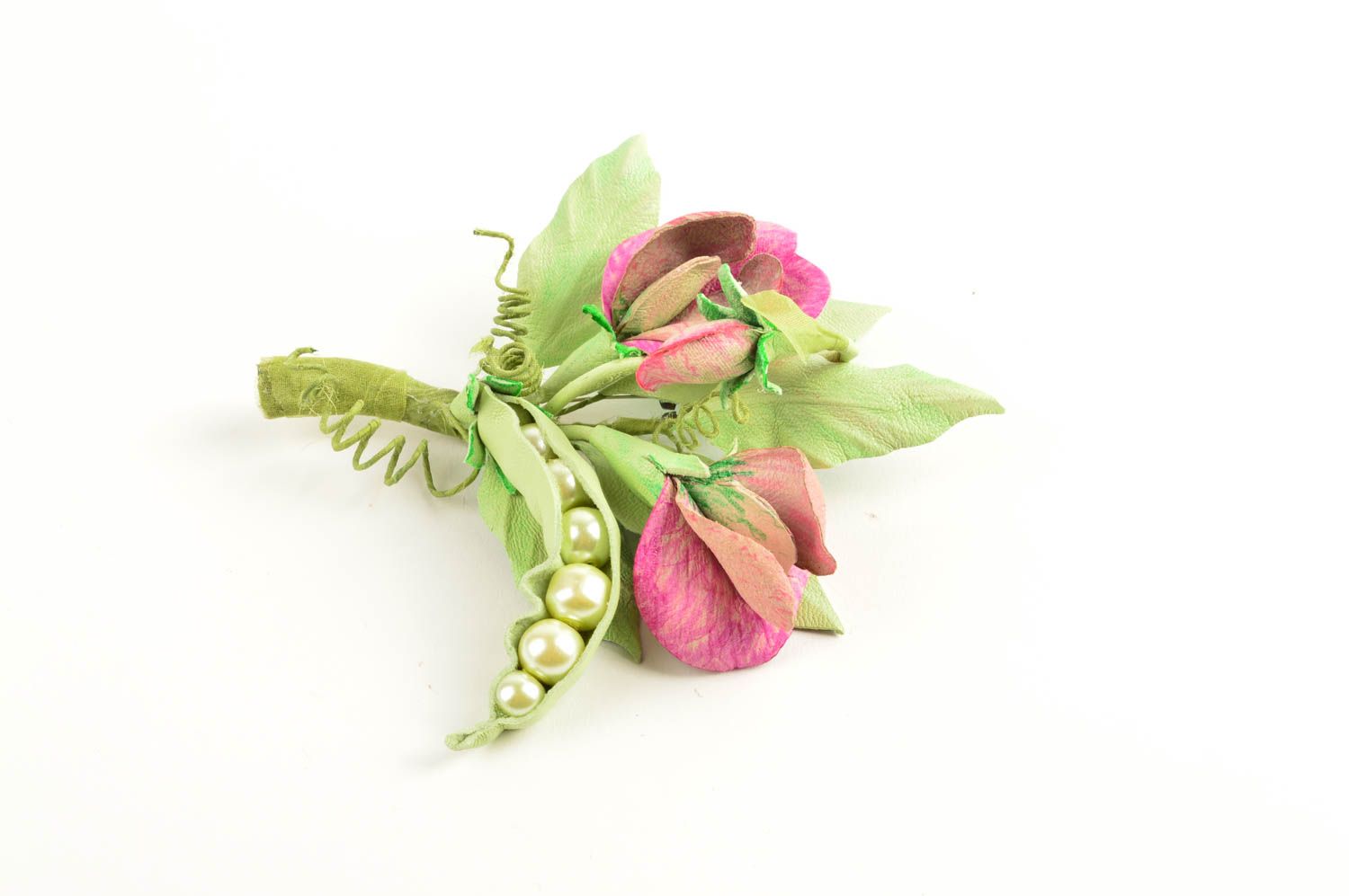 Broche fleur cosse Bijou fait main en cuir et soie design original Cadeau femme photo 2