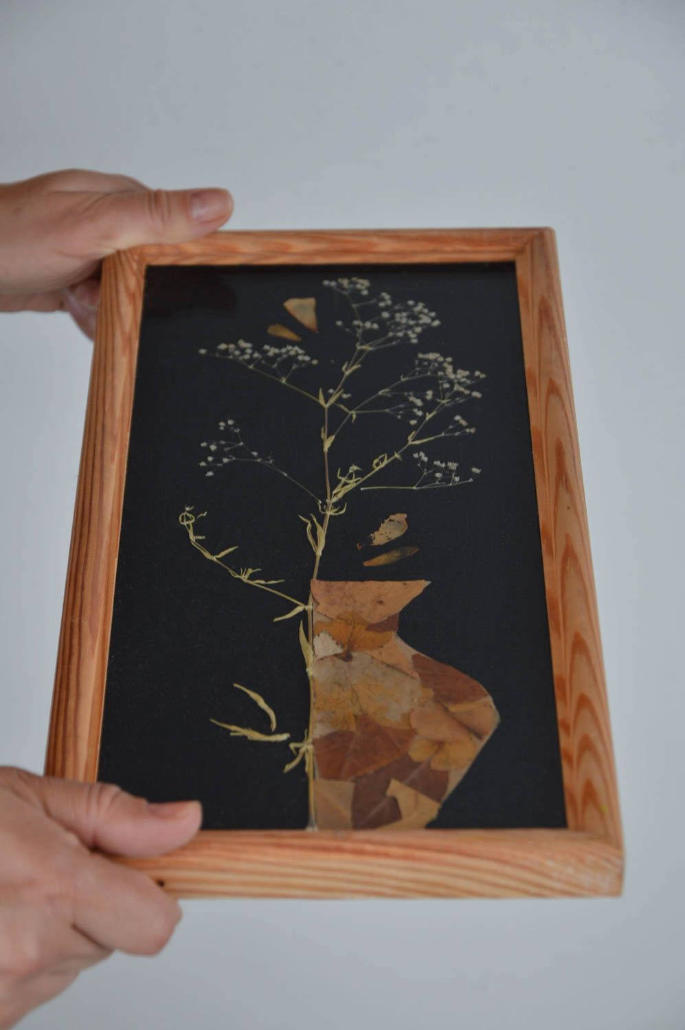 Unusual beautiful handmade picture with dry plants in wooden frame home decor photo 3