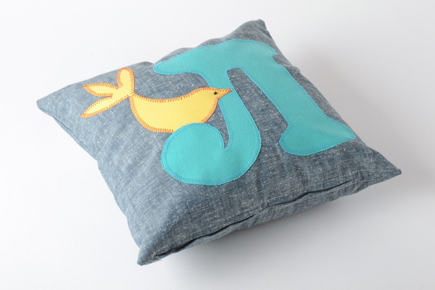 Small gray handmade soft cushion with applique work photo 2