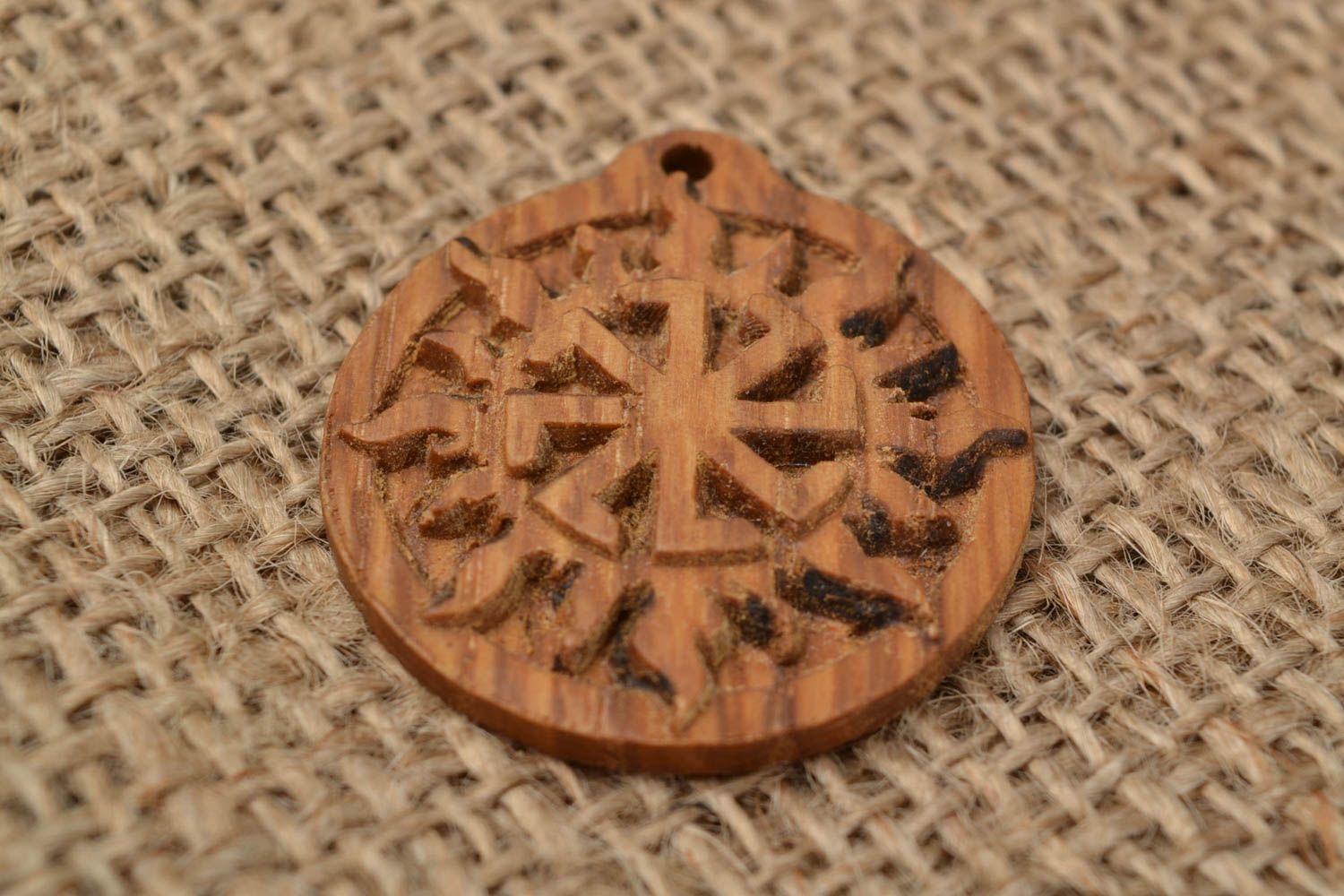 Handmade natural wood carved small round protective amulet pendant Slavic symbol photo 1