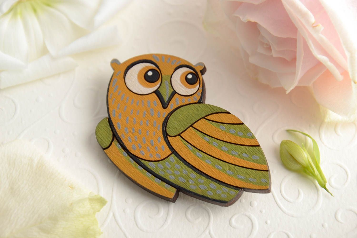 Bright handmade plywood brooch painted with acrylics in the shape of owl photo 1
