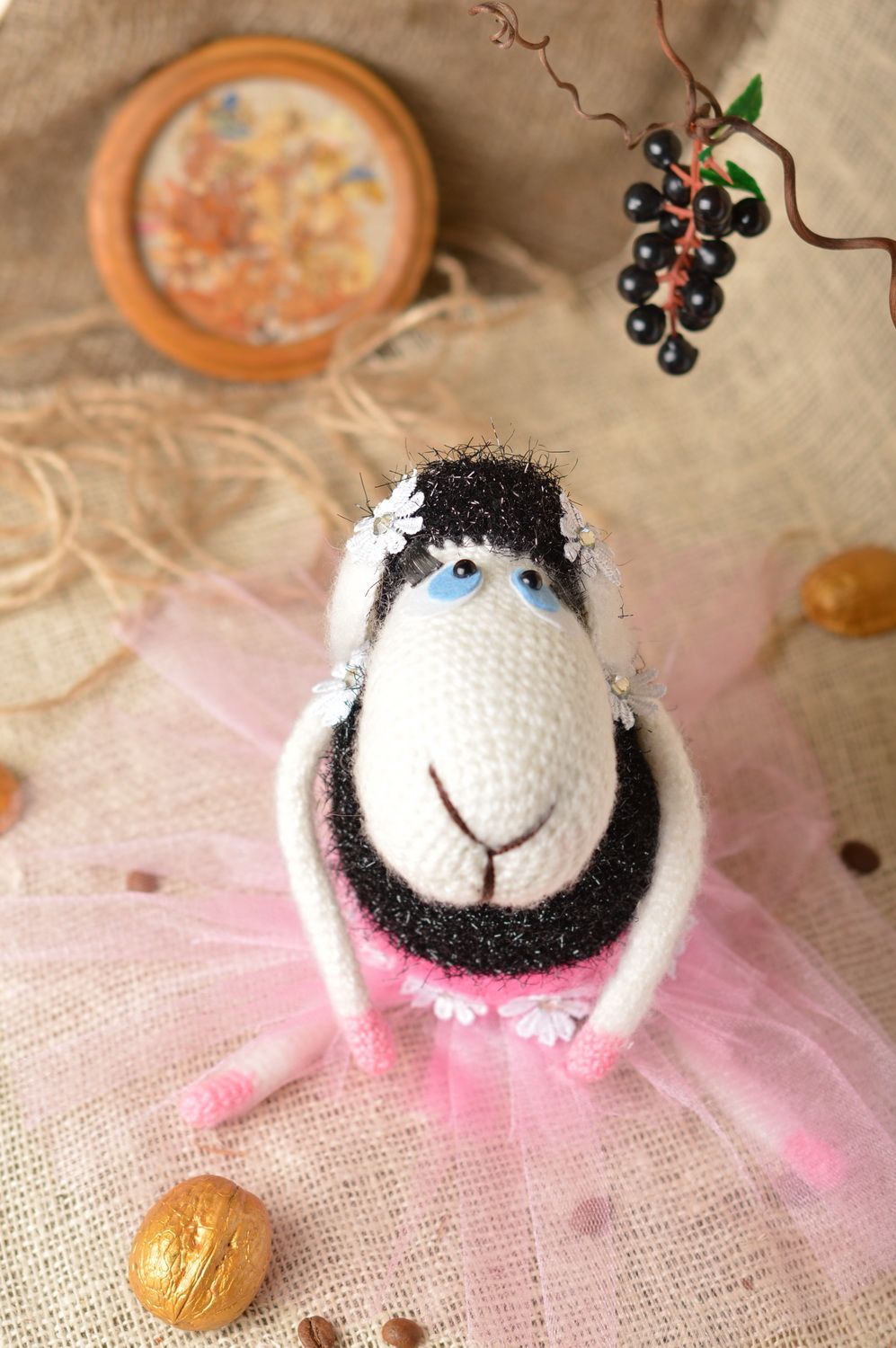 Handmade crocheted soft toy cute black and white lamb in pink tutu skirt photo 1