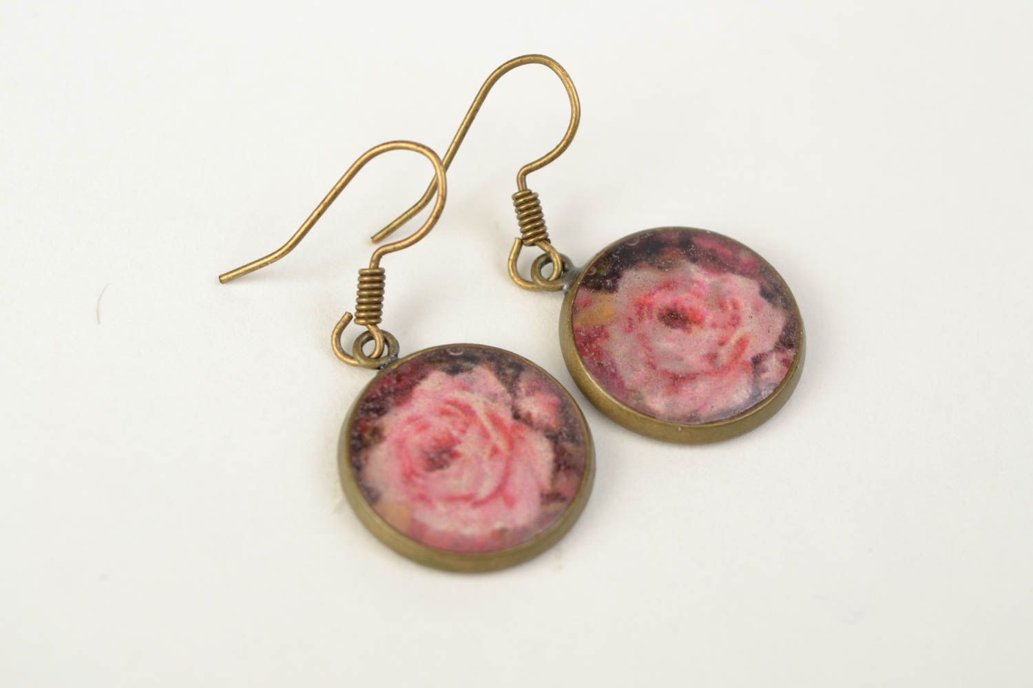 Handmade epoxy resin round earrings with decoupage roses for women photo 1