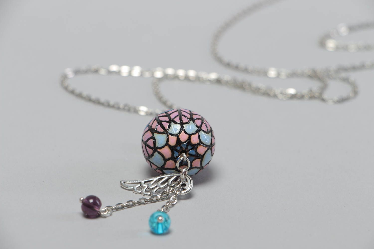 Handmade round pendant unusual accessory for girls stylish painted jewelry photo 4