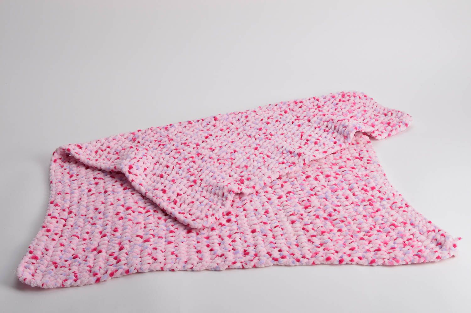 Beautiful handmade pink soft warm baby blanket crocheted of velour threads photo 3
