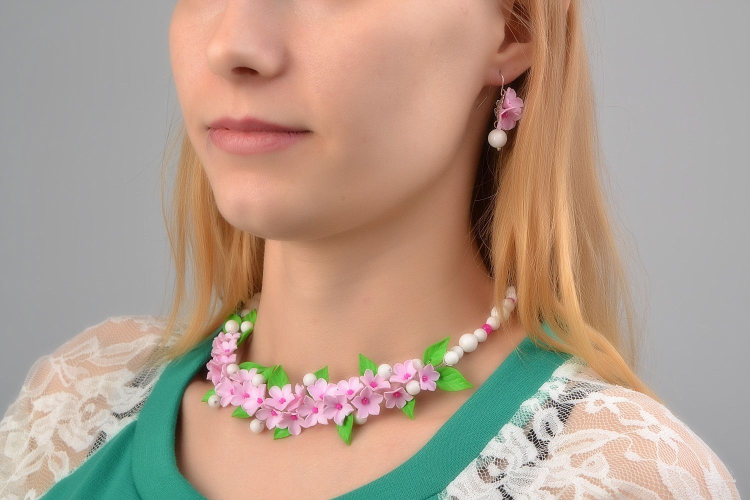 Handmade set of jewelry made of polymer clay floral necklace and earrings photo 1