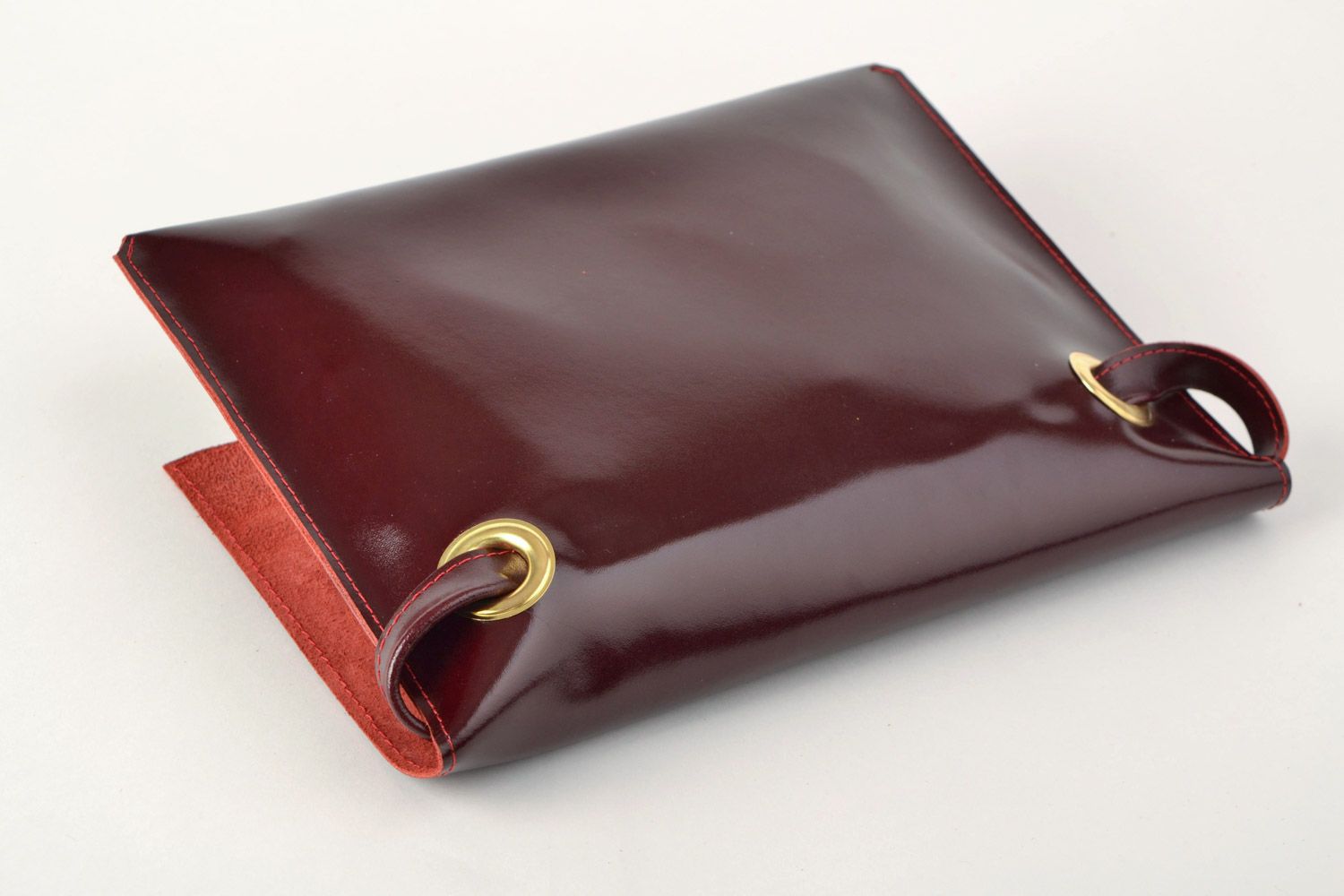 Handmade stylish genuine leather clutch bag of deep cherry color for women photo 4
