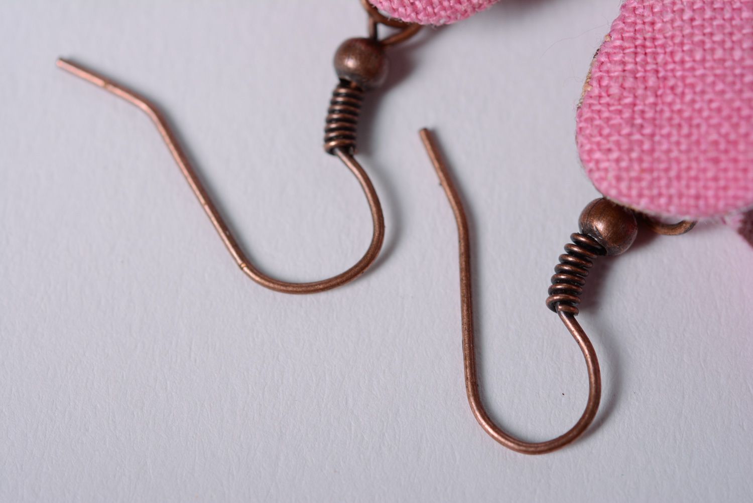 Handmade designer dangle earrings sewn of fabric elephants in pink color palette photo 3