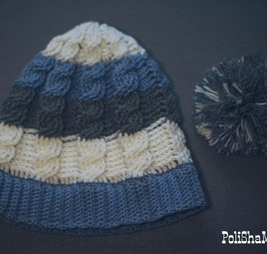 Bonnet à pompon amovible tricoté en laine bleu rayé chaud fait main unisexe photo 4