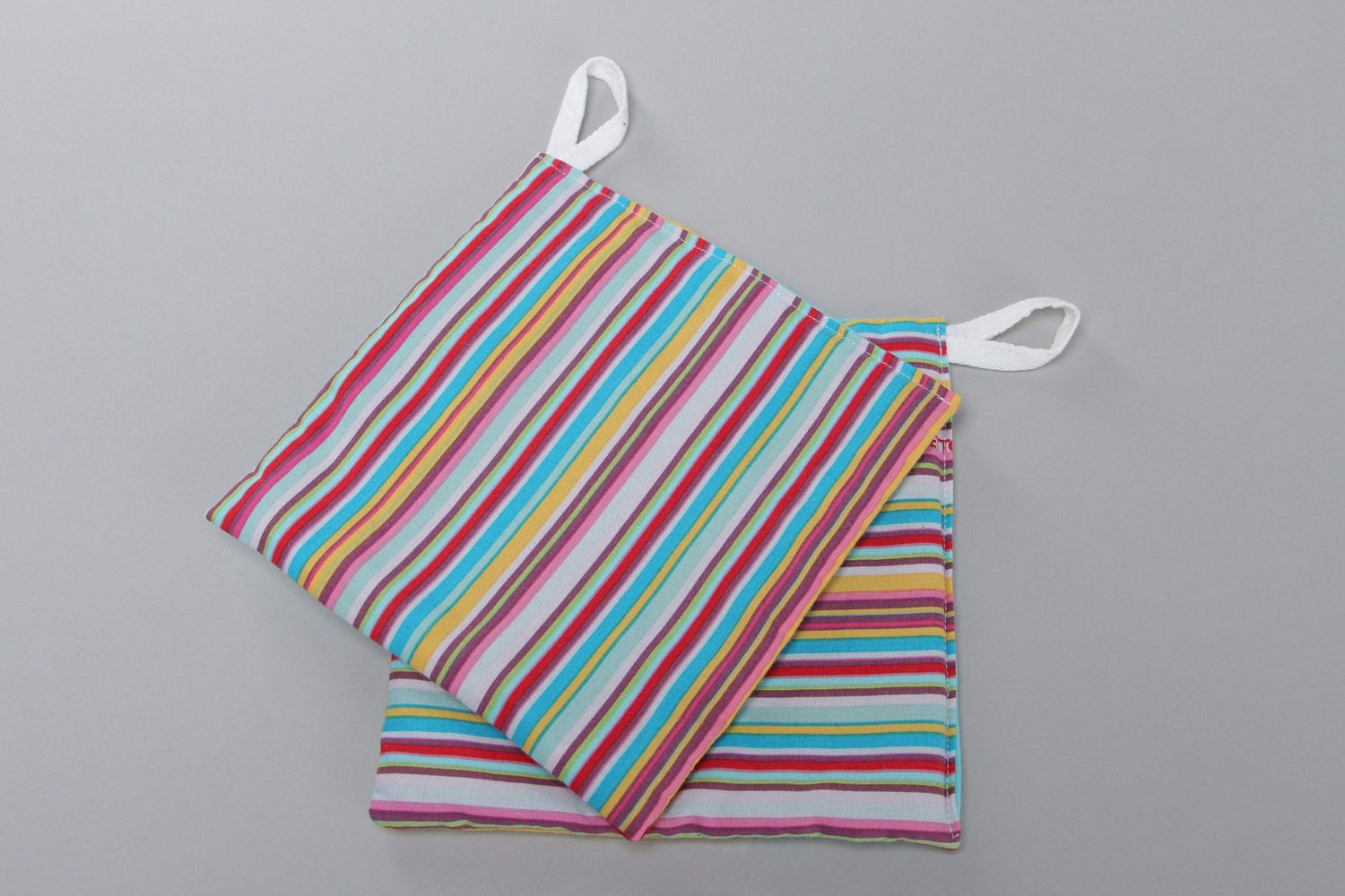 Set of two square pot holders sewn of colorful striped cotton fabric for kitchen photo 2