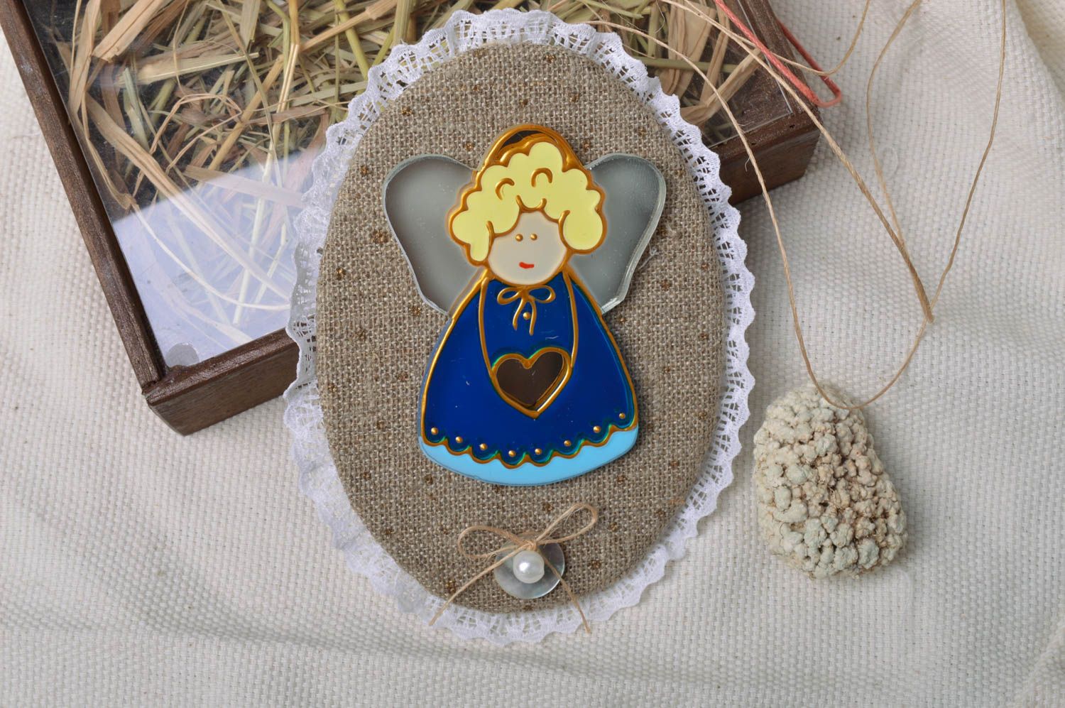 Handmade decorative oval stained glass wall hanging with angel in wood gift box photo 1
